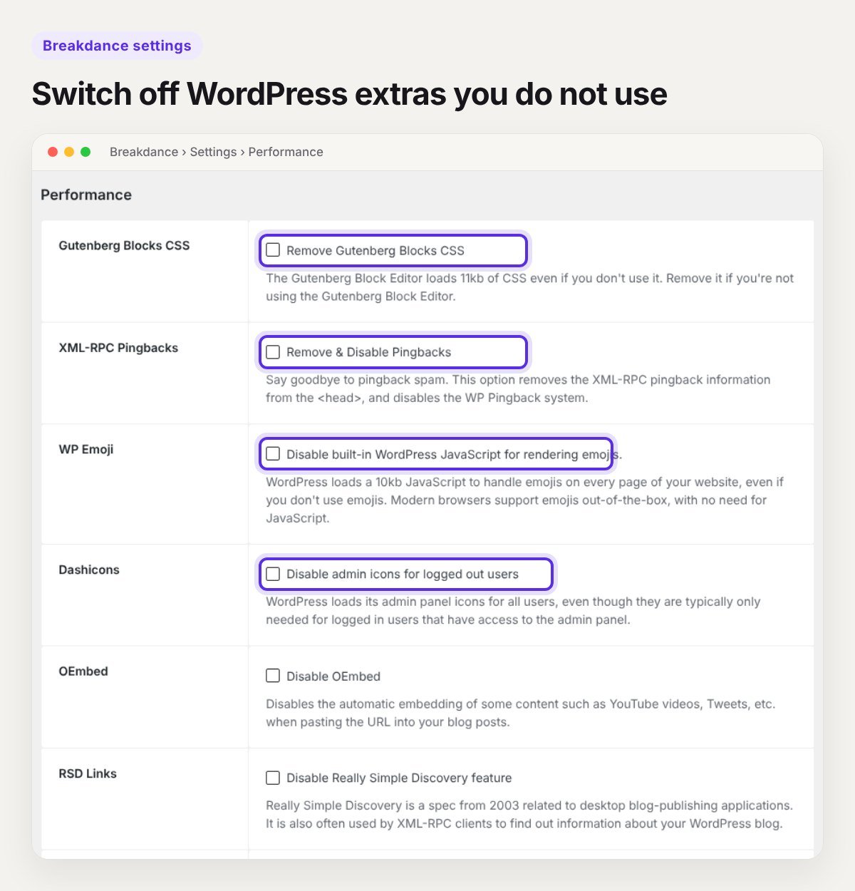 Breakdance Performance settings screen with options to remove Gutenberg CSS, pingbacks, emoji script and Dashicons