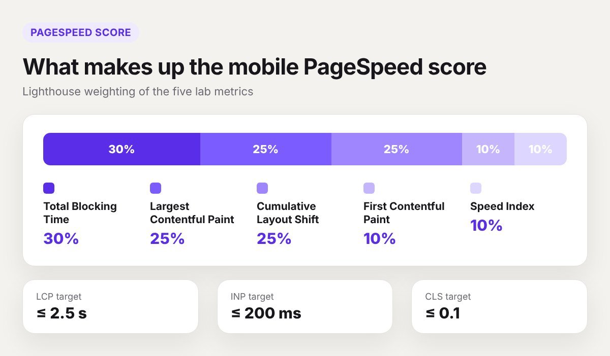 Bar chart of mobile PageSpeed score weights: Total Blocking Time 30%, LCP 25%, CLS 25%, FCP 10%, Speed Index 10%