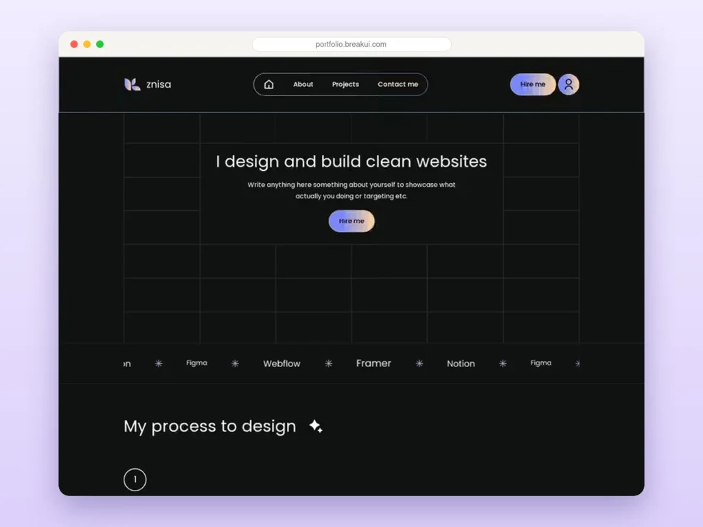Designer Portfolio Template – Breakdance template homepage preview