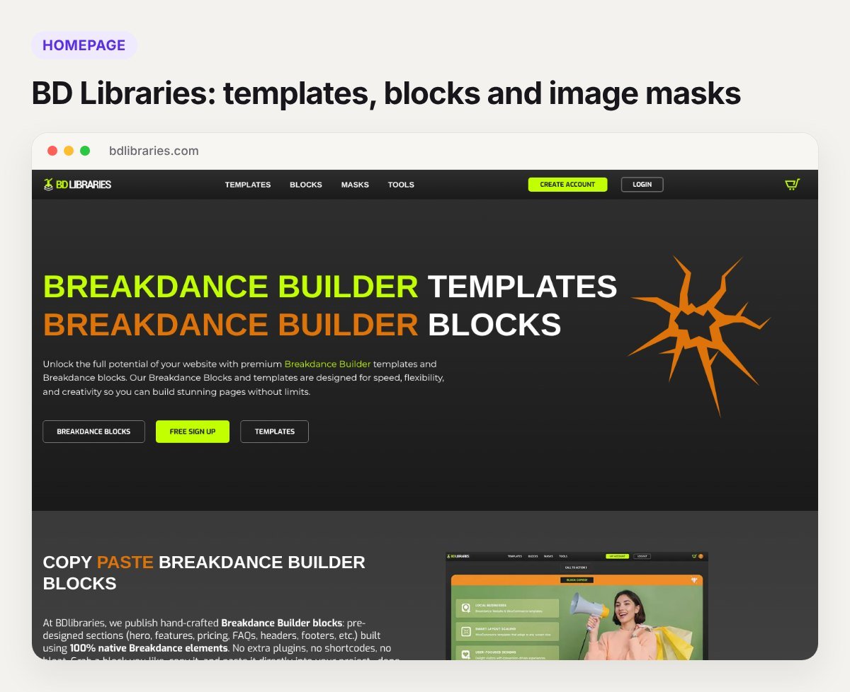 Screenshot of the BD Libraries homepage, a Breakdance template and block library