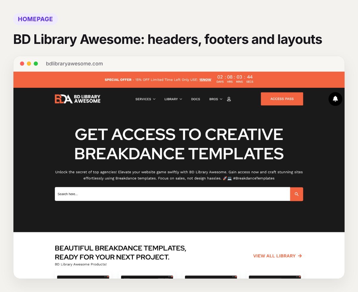 Screenshot of the BD Library Awesome homepage, a Breakdance template and block library