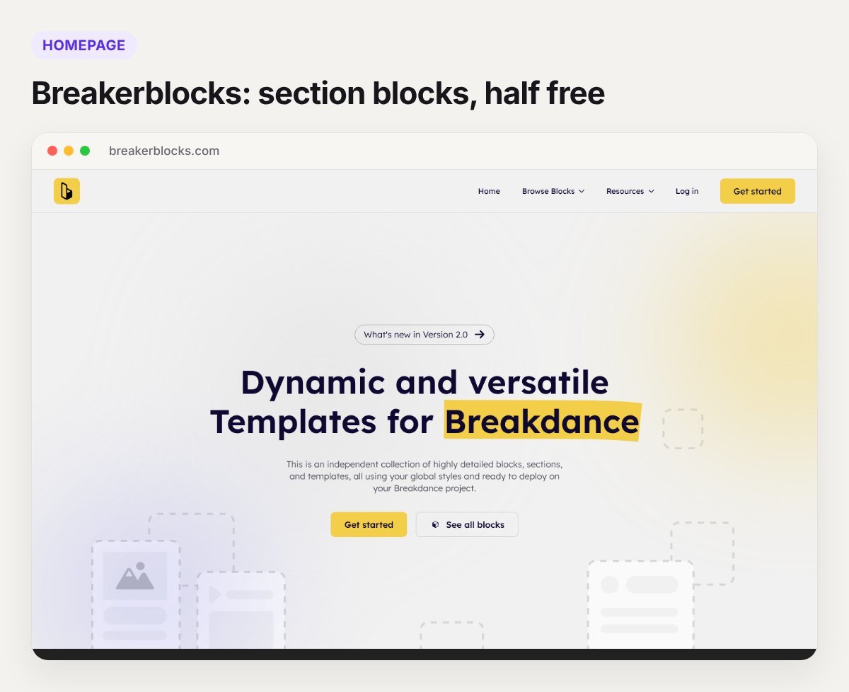 Screenshot of the Breakerblocks homepage, a Breakdance template and block library