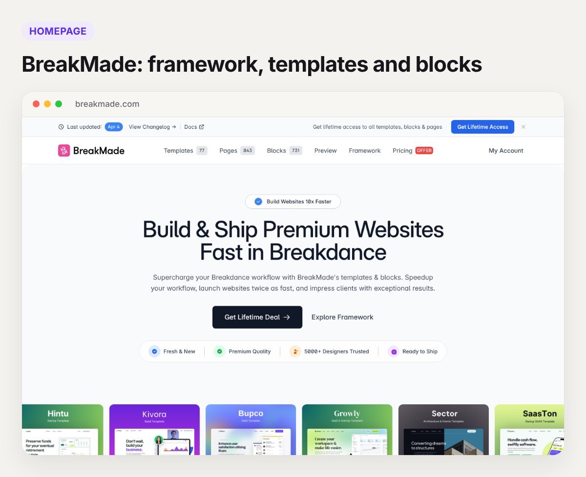 Screenshot of the BreakMade homepage, a Breakdance template and block library