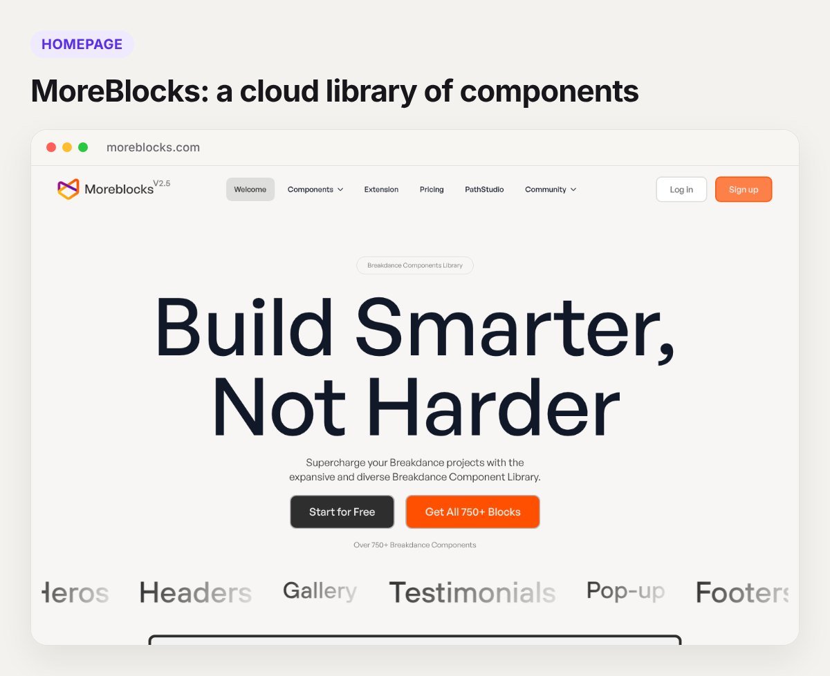 Screenshot of the MoreBlocks homepage, a Breakdance template and block library