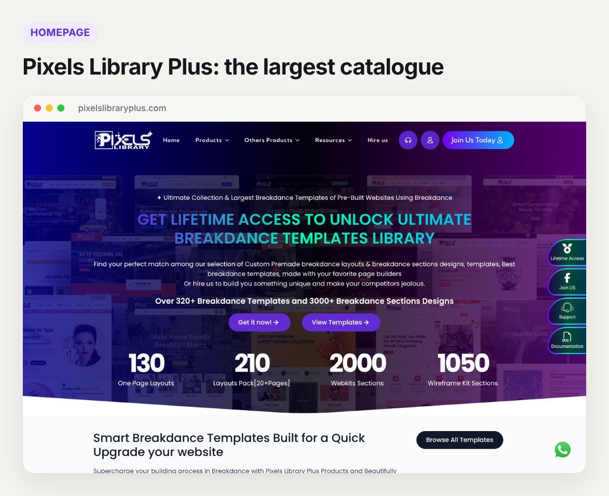 Screenshot of the Pixels Library Plus homepage, a Breakdance template and block library