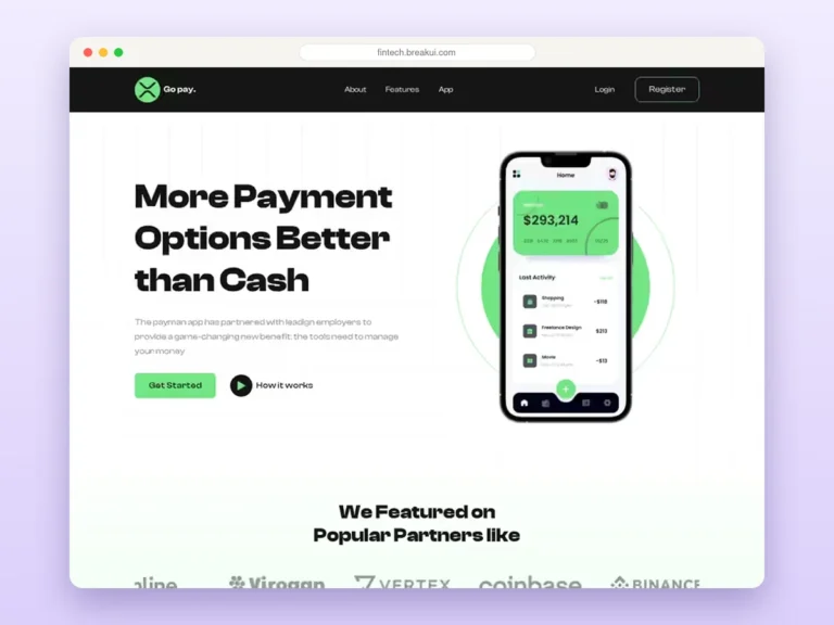 Go Pay Fintech landing page – Breakdance template homepage preview
