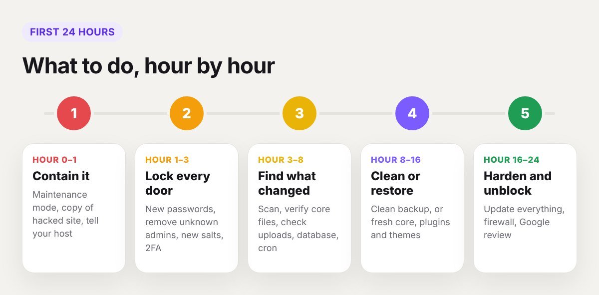 Timeline of what to do in the first 24 hours after a WordPress hack, in five stages